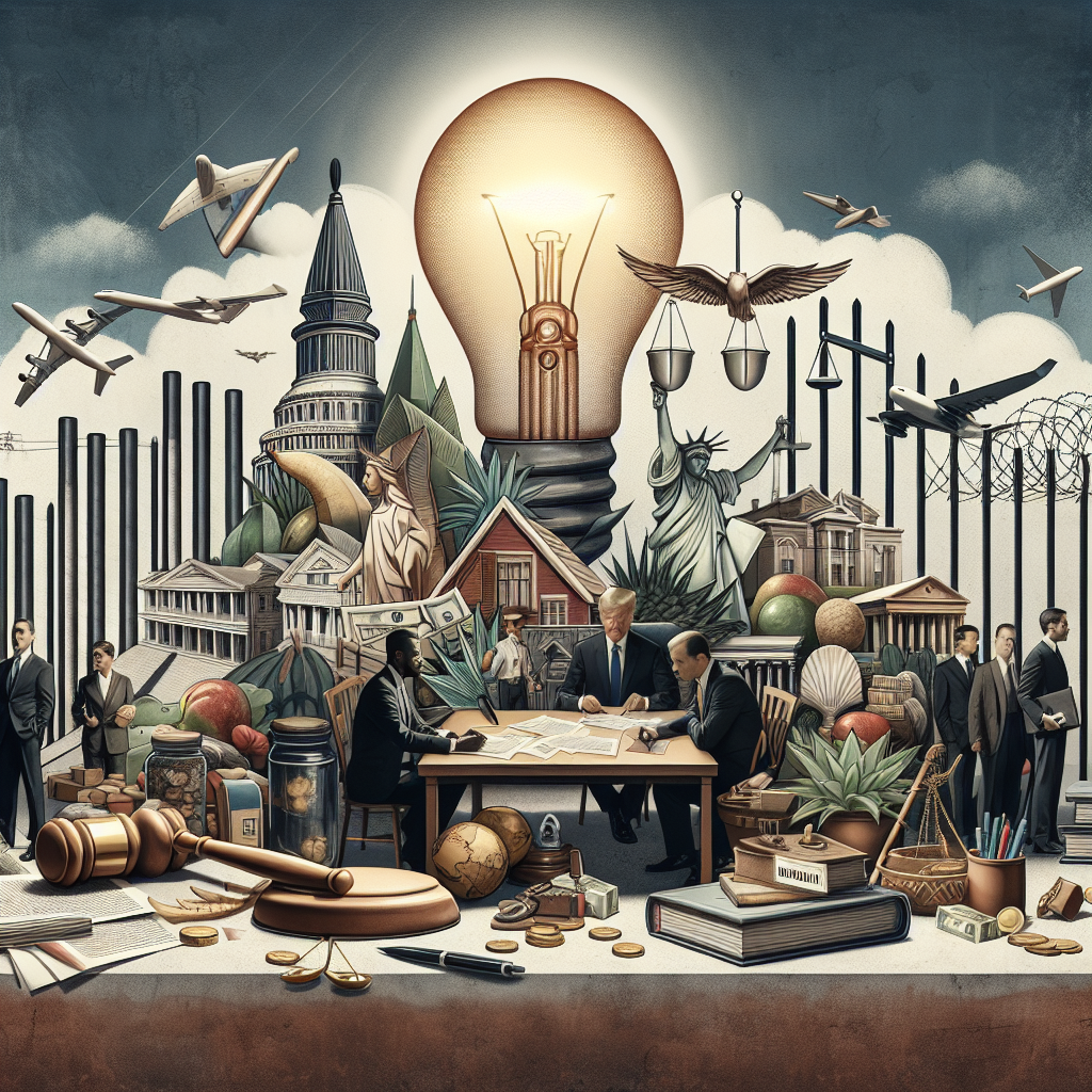 An array of elements symbolizing immigration policy changes and border security. Capture a skyline with a mix of architectural styles to represent diverse nations. An abstract table strewn with official-looking documents, ink pens, a gavel to symbolize law making. A border fence shown in the background representing controlled entries. Few figures under a light bulb, symbol of ideas & innovation, portraying they are discussing new measures. Caucasian and Hispanic figures in formal attire as the decision makers. Scale balance to symbolize justice and set of keys depicting change, and a sunrise to signify hope for future.
