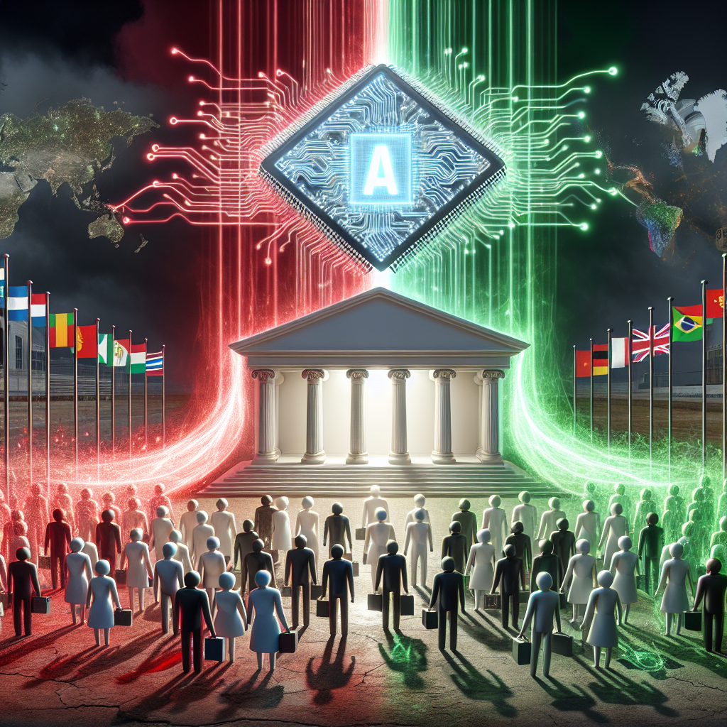 An image encapsulating AI regulation. There's a symbolic white building representing the seat of policy-making. A large, transparent AI chip hovers above it emitting intertwining light streams - red and green. The red stream flows toward a group of troubled individuals from diverse descents and genders, representing those negatively impacted. The green stream reaches out towards another diverse group of people who are celebrating or benefiting. In the background, there are various international flags, symbolizing global impact.