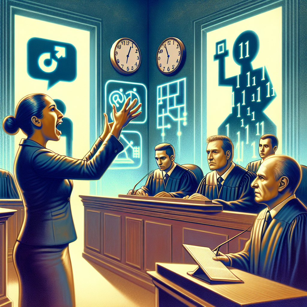 A symbolic representation showing a courtroom setting with people engaged in a debate on technology. At the forefront, have a female Hispanic lawyer passionately presenting her points, while a Caucasian male judge listens attentively. Visible in the background is a wall with two clocks showing different time zones, signifying the difference between US and China. Intersperse the scene with relevant tech symbols such as smart devices, social media icons (avoiding TikTok logo), and binary codes to depict the tech tensions.