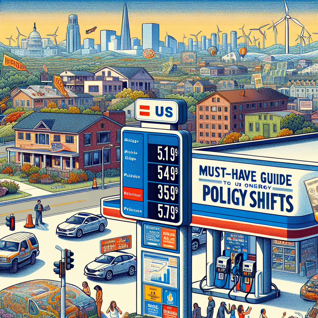 A detailed image illustrating the theme of decreasing gas prices in the United States. Depict a gas station, where the price board is showing drastically reduced costs. Also include a nearby billboard with a paper saying 'Must-Have Guide to US Energy Policy Shifts'. The scene is set against a backdrop of a diverse urban landscape incorporating various types of architecture, representing the breadth of the country. To depict the shifting energy policies, include renewable energy sources such as solar panels and wind turbines in the distance. There should be people of various genders and descents at the gas station reacting happily to the low prices.