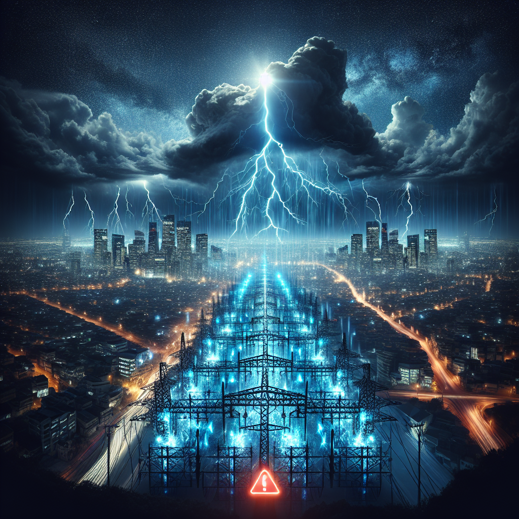 Create a dramatically illuminated image of an intricate power grid as seen from above. The grid should be glowing brightly with blue and white light, symbolizing electricity flow, but large portions of it are abruptly disappearing into darkness, indicating power outages. Below, show a sprawling city with illuminated buildings transitioning into darkened areas to visualize the concept of a nationwide blackout. In the sky, depict an ominous, stormy weather with thunderbolts to represent potential threats that can cause the failure. Include a red warning sign in the foreground, perhaps in the shape of a lightning bolt, to indicate critical warning for failure risks.