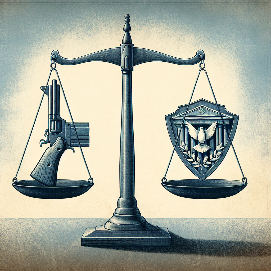 Illustrate an abstract concept representing a balance between citizen rights and public safety. On one side of the balance, show a set of weighing scales wherein one side contains a symbolic representation of firearms, perhaps an aged wooden pistol. On the other side, depict symbolic representations of public safety, perhaps a shield emblazoned with a dove or olive branch. The background should hint at symbols of government and legislation, such as a courthouse or a parchment with pen.
