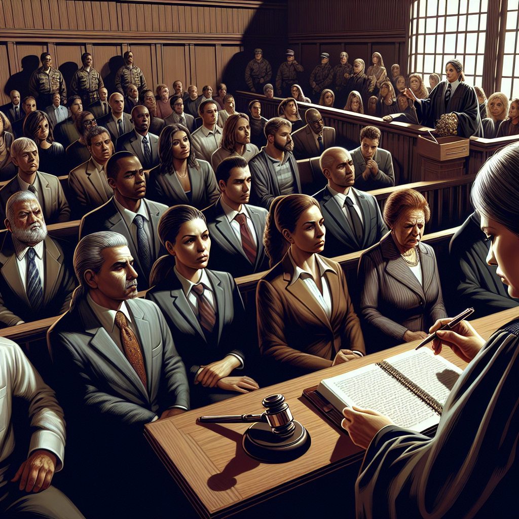 A detailed courtroom scene depicting the climax of a high-profile criminal case, with the judge, a woman of Middle-Eastern descent, about to announce the verdict. The courtroom is filled with anxious spectators, jurists of mixed genders and a diverse range of descents such as Black, Caucasian, and Hispanic. The defense attorney, a Caucasian man, and the prosecutor, a South Asian woman, look on tensely. Do not include any recognizable individuals or specific trials. The atmosphere is tense holding the essence of American justice.
