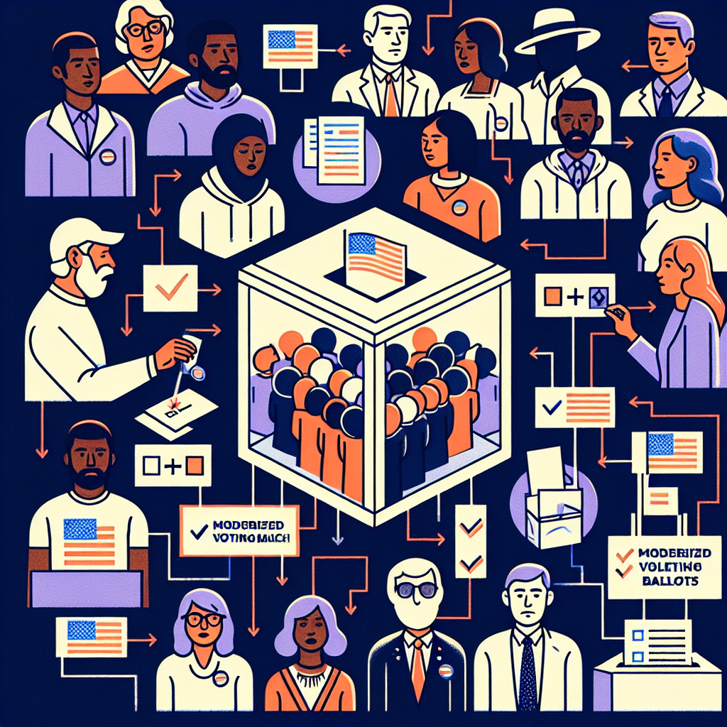An illustration capturing the need for changes to the voting process following a U.S. election. Picture a diverse group of people, all voting. It includes black, white, Hispanic, Middle-Eastern, and South Asian individuals, with equal gender representation across all groups. Depict a symbol of transparency, like a glass ballot box. Show the voters contributing ideas - represented as small icons (for instance, a modernized voting machine, mail-in ballots, etc.) - to the transparent box, indicating their input on necessary policy changes. Don't include any politicians or political symbols.
