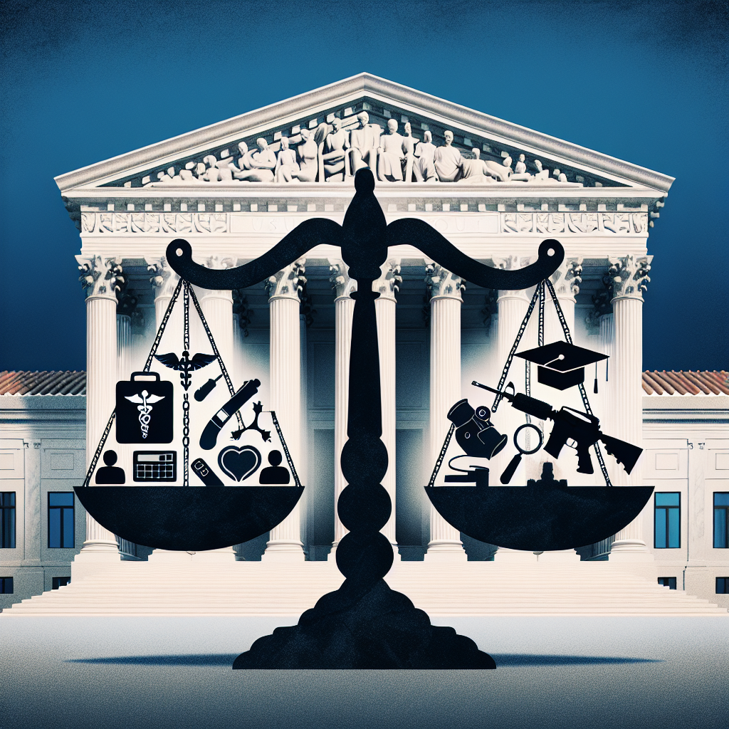 Generate an image that symbolizes Supreme Court rulings on key American issues. At the center of the image, show a depiction of Balance Scales, each side loaded with symbolic items related to abortion, gun laws, and student loans. On one side, place a medical symbol for abortion, a graduation cap for student loans, and a gavel for the law. On the other side, place a gun for the gun laws. On the backdrop, have a silhouetted backdrop of the Supreme Court building. Ensure it is abstract, avoiding clear faces or specific individuals, and respectful in presentation.