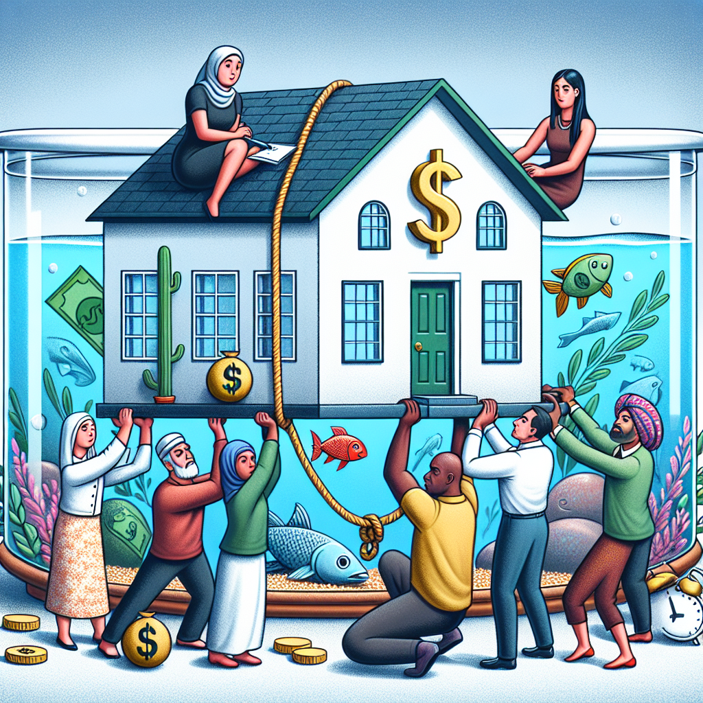 Imagine an illustrative picture for an article about the US housing market crisis. The main focus is on combating rising mortgage rates. Picture a house being weighed down by a dollar sign symbolizing high mortgage rates. Additionally, include a diverse group of people - a Middle-Eastern woman, a Hispanic man, a Black man, and a South Asian woman - gathered around the house, rolling up their sleeves and trying to lift the house to metaphorically combat the increasing rates. Aquarium, an element of prosperity and luck in several cultures, is seen as a stand-by suggesting hopes for positive change.