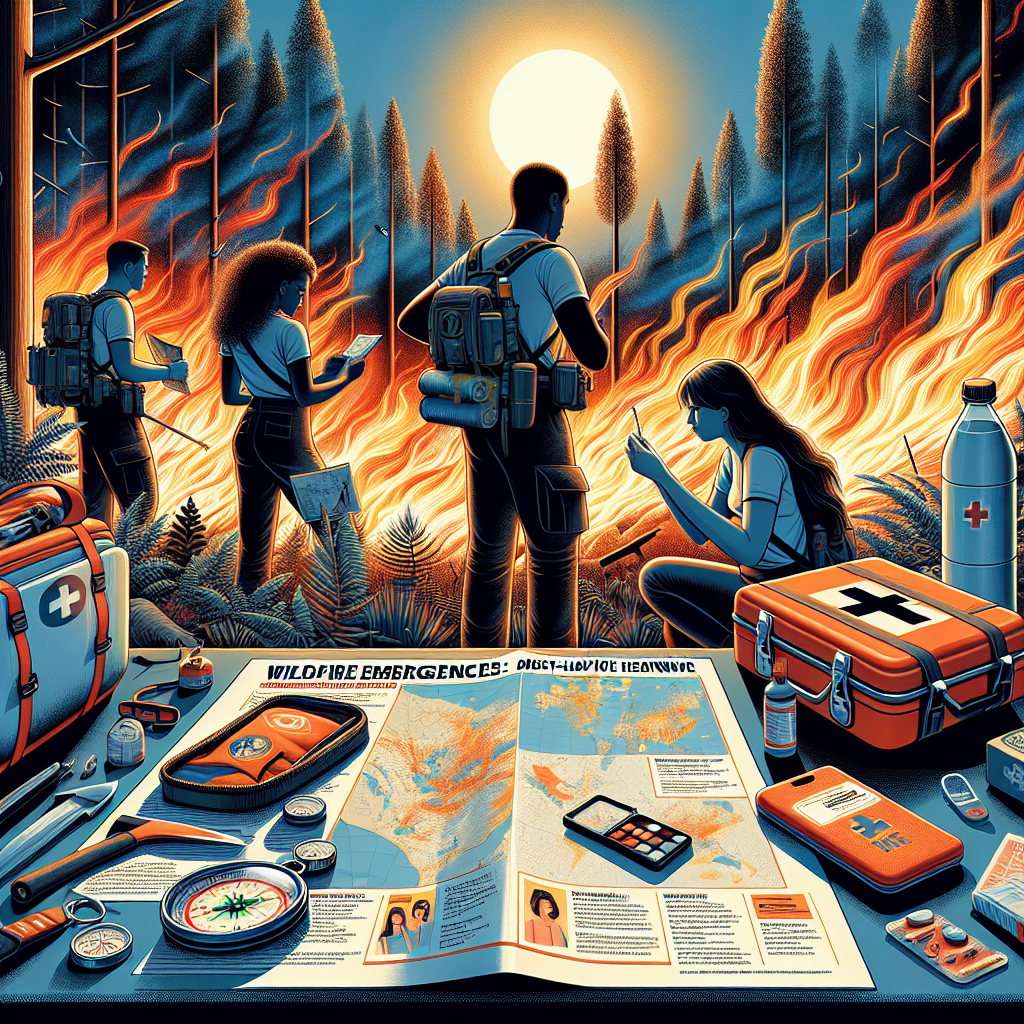 A detailed scene of a wildfire spreading in a dense forest under the intense sun, illustrating the extreme heatwave condition. In the foreground, a survival kit is laid out, containing essential items such as a map, a compass, a bottle of water, a first-aid kit, and a fire extinguisher. Also visible is a poster or chart offering tips and guidance on how to survive in such conditions, titled 'Wildfire Emergencies: Must-Have Tips for Extreme Heatwaves'. Several diverse people are seen examining this chart attentively, comprising a black woman, a South Asian man, and a Hispanic teenager.