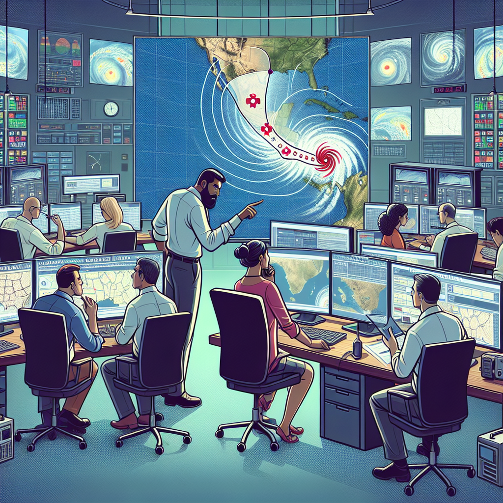 Illustrate a scene dedicated to emergency preparedness during the hurricane season. The image should involve a room full of people diligently working around a large, centralized map. Around them should be radios, computers, and other communication devices constantly transmitting crucial weather updates. Graphics on monitors could include hurricane path predictions on a coastal map. One Middle-Eastern man, an analyst, is pointing at the path on a monitor while discussing with two others: a Hispanic woman designated as a coordinator and a Caucasian man acting as a meteorologist. The room should have an atmosphere of shared focus, urgency, and teamwork.
