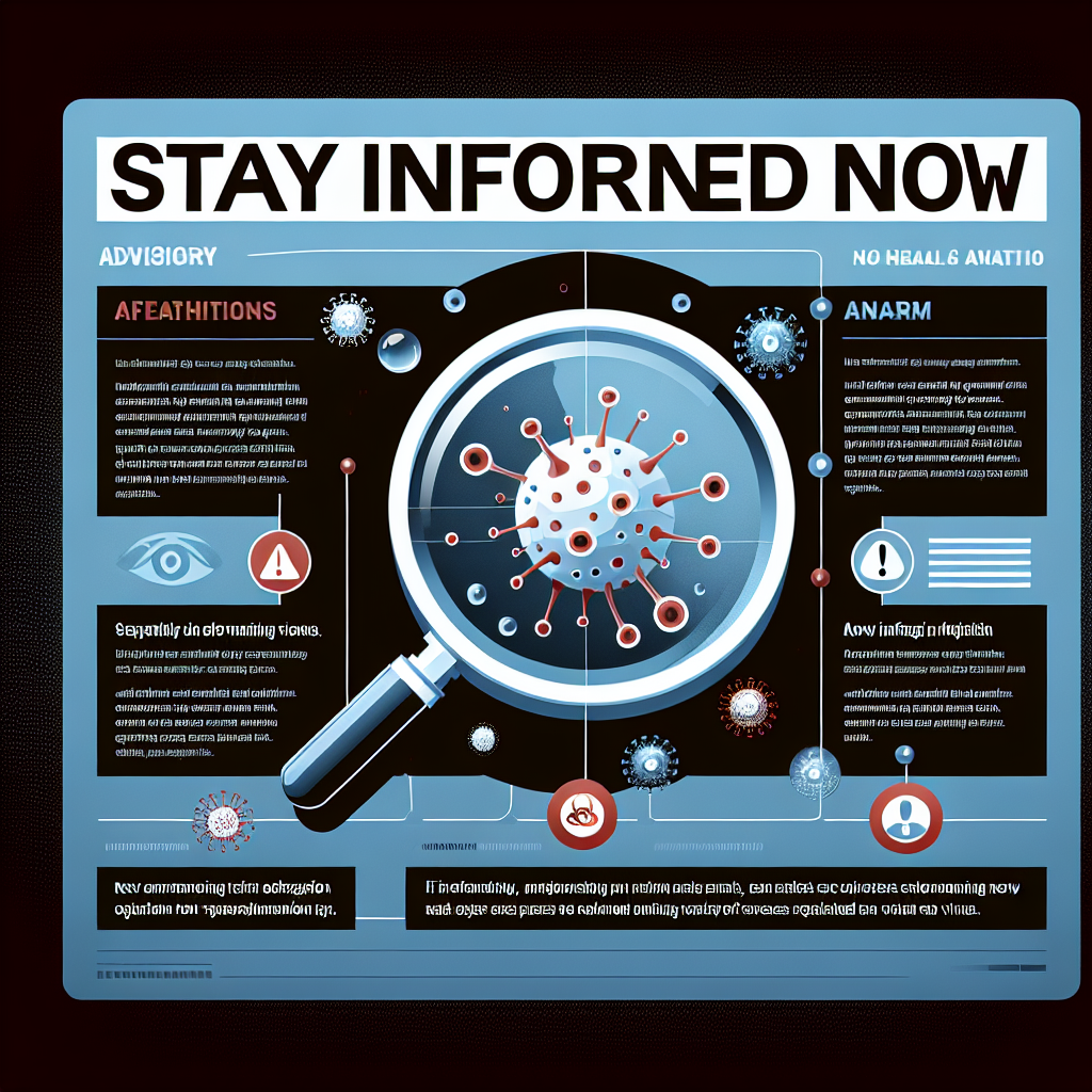 An informative digital poster promoting awareness regarding the latest advisory from a health organization (not mentioning specific real names) related to a new variant of a virus. At the center, a symbolic representation of a virus cell under a magnifying glass symbolizing research and analysis. The title of the poster reads 'Stay Informed Now'. Add bullet points highlighting key informational aspects as text. Use a color palette of blue (symbolizing health and healing), red (alarm or vigilance), and white (clarity, understanding).