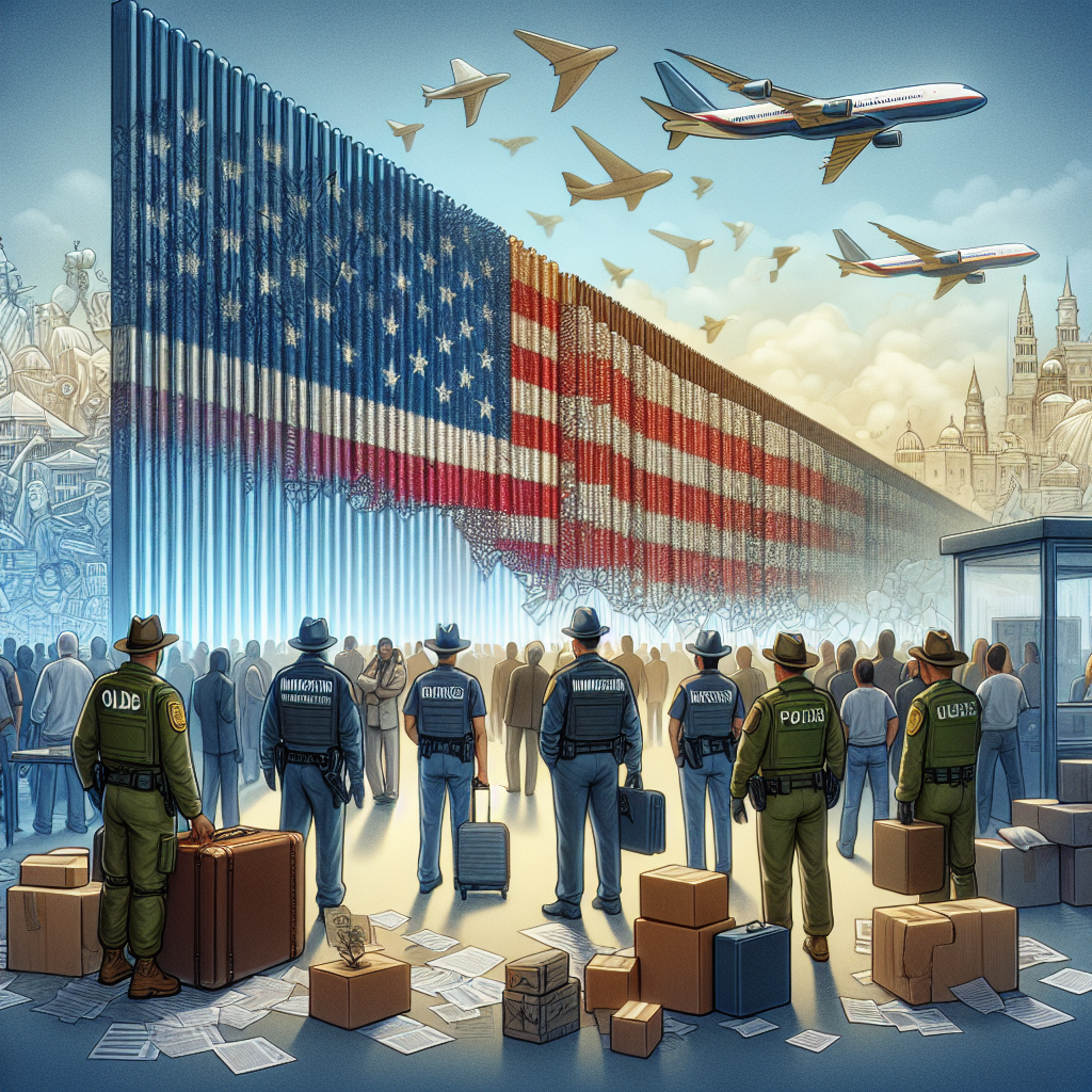Visualize a conceptual representation of the changes in US immigration policy. In the foreground, showcase a metaphorical representation of an improved border security with something like a fortified wall, upgraded technology, new security equipment, and diverse immigration officers including men and women of Caucasian, Hispanic, Black, Middle-Eastern, and South Asian descent. In the background, illustrate disparate fragments of old policy documents being replaced by new ones, symbolizing policy changes. Do not include any specific person or figure. The overall tone should reflect a sense of positive transformation and advancement, while maintaining neutrality and sensitivity on the issue.
