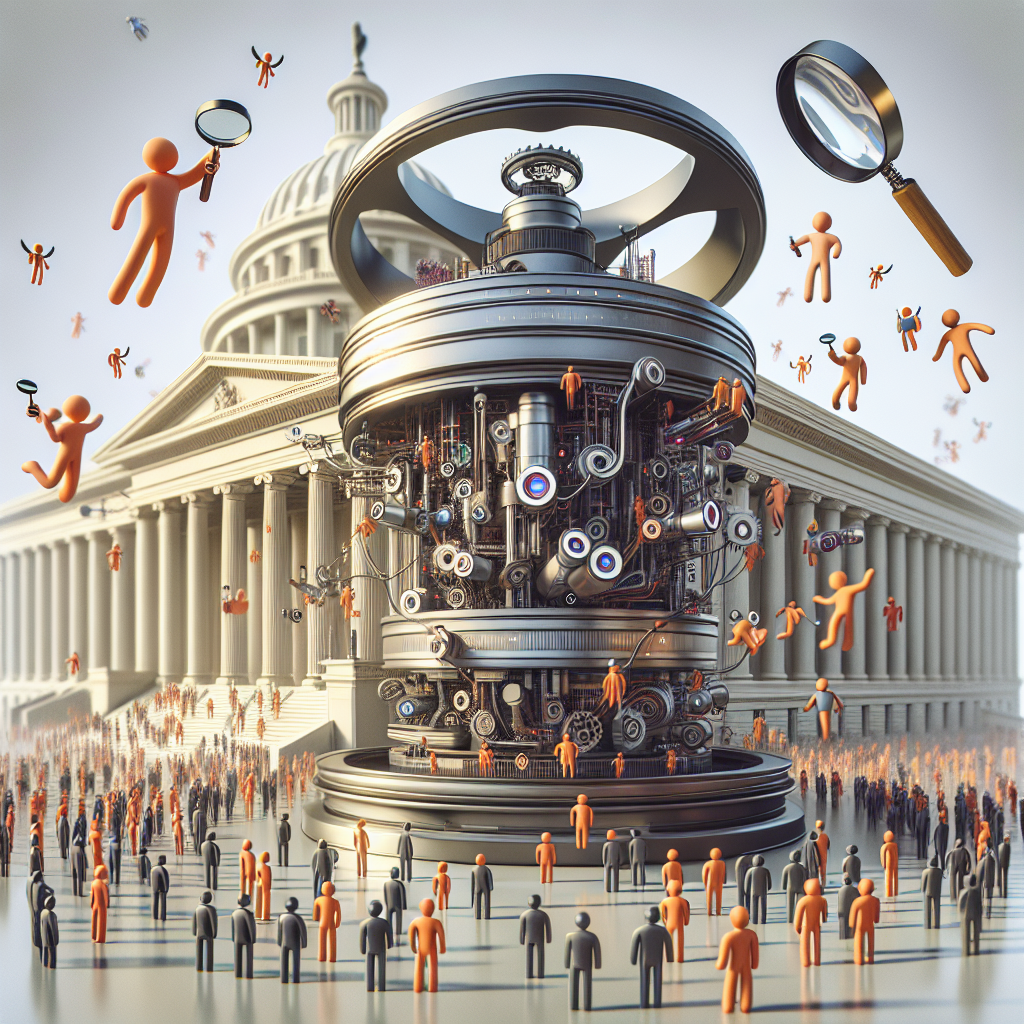 An illustrative visualization showcasing a concept of regulating artificial intelligence. This should feature a large, complex machine symbolic of artificial intelligence technology, positioned in the foreground. Flying around the machine are tiny, multiethnic human figures holding magnifying glasses, as though scrutinizing the machine. In the background, render a grand edifice suggesting governmental influence, but avoid specifying any real-world structures to maintain neutrality. The overall image should communicate the continual inspection and regulation of artificial intelligence systems, showcasing diversity and ensuring no particular entity is shown in power.