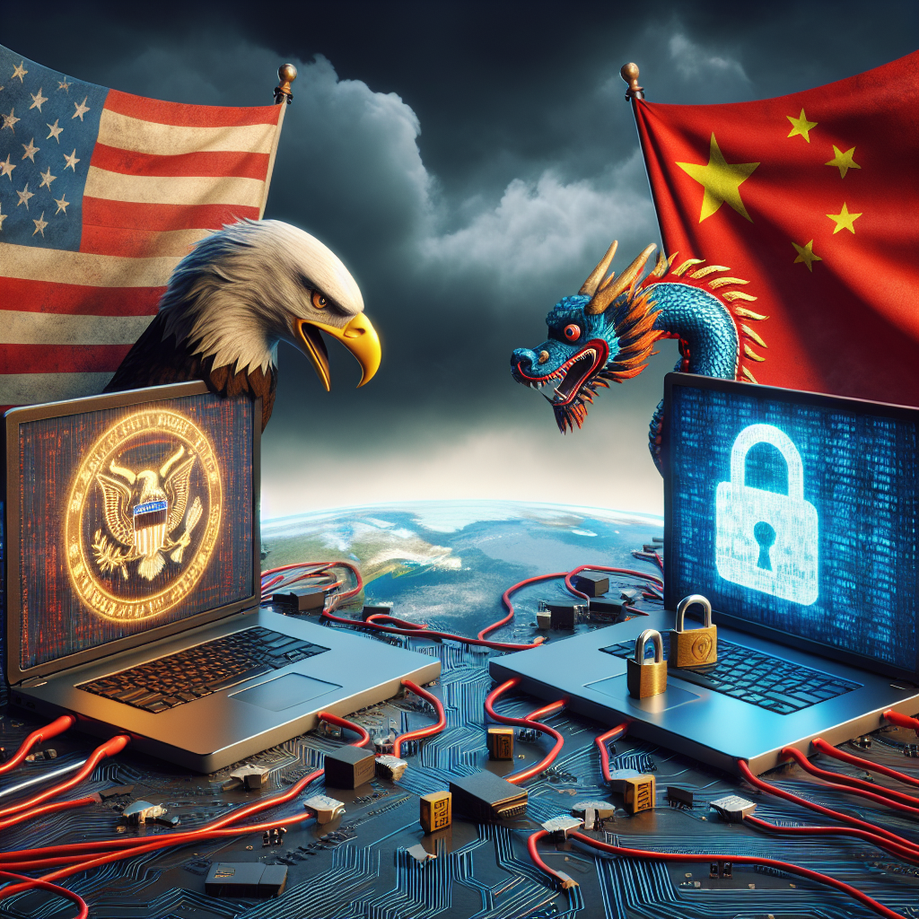 A visual metaphor depicting the tension between two major tech industries symbolized by national symbols. On the left, represented by an American golden eagle, is a computer with the logo of a typical social media platform signifying US innovation. On the right, represented by a Chinese dragon, is another computer with a digital lock showing the idea of regulatory restrictions. The two are placed on a battleground made up of a circuit board to signify tech conflict. In the background, there is a globe focusing on US and China, under a cloudy, agitation-filled sky.