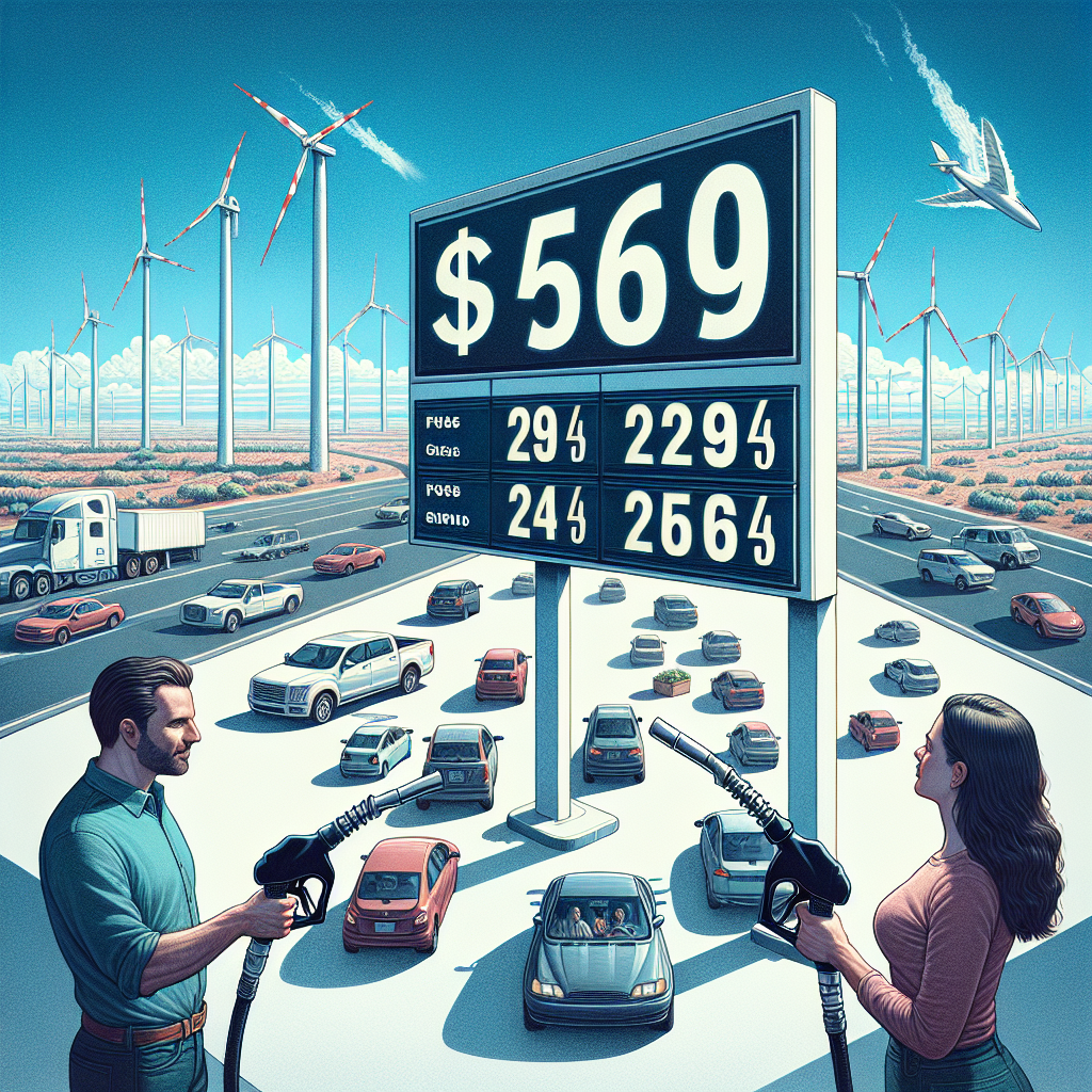 An illustrative image featuring a large gasoline station sign showing significant reduction in fuel prices, seen against a backdrop of a clear blue sky. The station is positioned next to a busy highway, with diverse mix of cars passing by. A Caucasian male and Hispanic female, dressed in casual clothing hold fuel nozzles, filling up their respective cars. At a distance, a flat landscape with wind turbines turning gracefully and solar panels glistening under the sunlight, symbolizing the shift towards renewable energy sources. The view evokes a strong sense of positive change in energy policy.