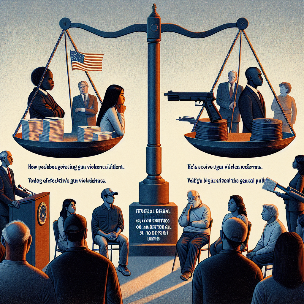 An abstract representation of the ongoing dialogue surrounding federal gun control legislation in the United States. On one side, feature a group of people, including a Caucasian man and a Hispanic woman, solemnly discussing the rising numbers of gun violence incidents. On the other side, display a South Asian man and a Black woman considering the potential benefits of effective gun control reforms. Between them, envision a large scale balancing the pros and cons of such measures. This scene should not include specific politicians but reflect the general public's sentiments regarding gun violence and possible solutions to address this dilemma.