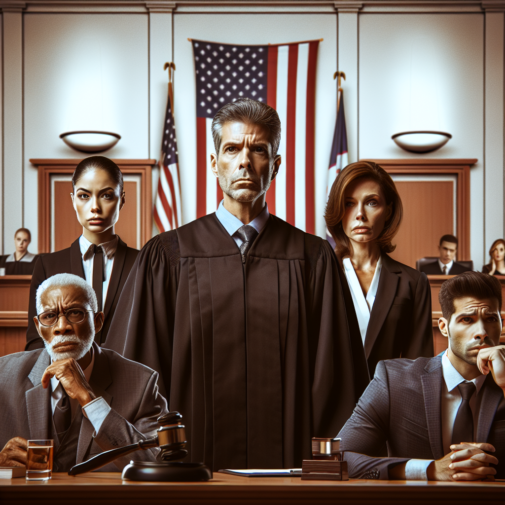 Visualize an intensely detailed and dramatic courtroom scene, capturing that crucial moment of suspense when the verdict in a high-profile criminal trial is about to be revealed. Include diverse individuals representing various roles: a determined female Hispanic judge with a stern expression, a committed Middle-Eastern male prosecutor with a focused gaze, an empathetic Black female defense attorney with a worried look, and an anxious Caucasian male defendant waiting for the outcome. Keep the environment authentic to a typical American courtroom with the US flag, benches, witness stand, and jury box.