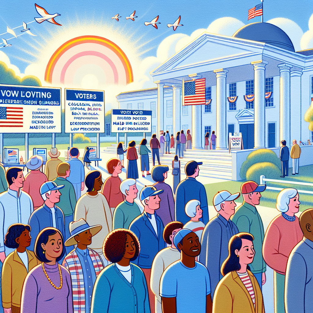 Illustrative depiction of a positive atmosphere surrounding the voting process. Envision a voting station on a bright, sunny day with diverse people of different descents, such as Caucasian, Hispanic, South Asian, Black, and Middle Eastern, lining up in an orderly manner. Each eager voter should represent both genders. Display notable voting law changes, like prominent signs about expanded early voting and easier mail-in ballot procedures. Fill the scene with symbols of positivity, like people smiling contentedly, a large rainbow in the background, and birds fluttering in the clear sky.