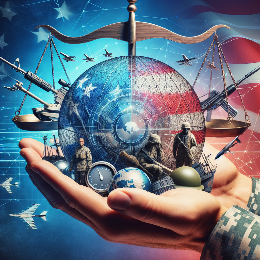 An abstract image showcasing the concept of global security. Picture a pair of hands holding a globe made out of a metallic mesh, signifying interlinked countries defending each other. Around the globe, there are weights and measures scale, symbolising crucial decisions. Additionally, include various military symbols like helmets, rifles, planes, and ships surrounding the globe, indicating defence aid. The scene is set against a background with an amalgamation of the American flag colors in a subdued way, to represent US involvement.