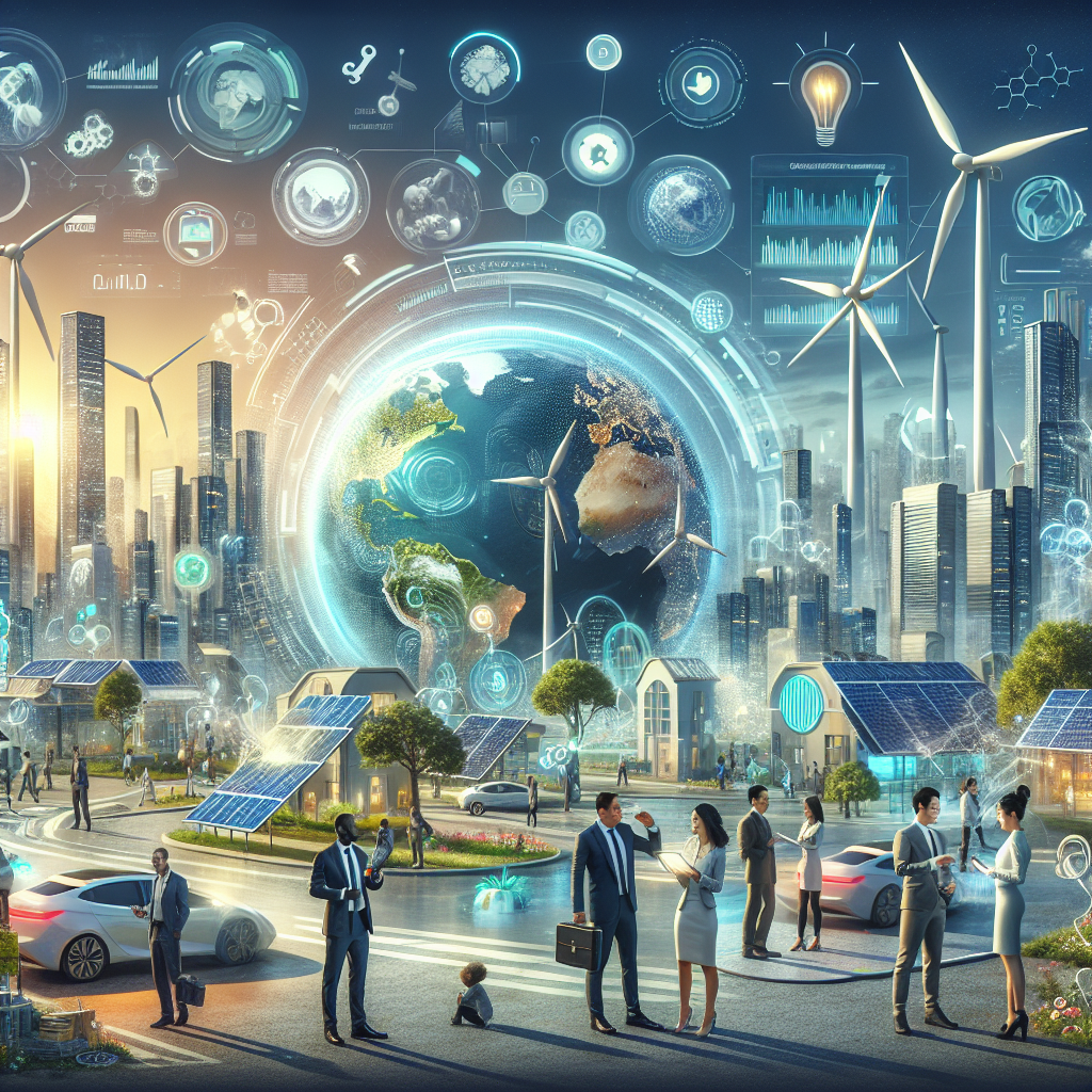 A futuristic, eco-friendly cityscape during daytime cluttered with advanced technology related to clean energy. Large, efficient wind turbines dominate the skyline, with solar panels adorning the roofs of buildings. A few people, represented diversely – an Asian businessman, a Black female scientist, a Hispanic male engineer, and a Middle-Eastern female investor – are scattered about, conversing and handling futuristic gadgets. In the center, a large, glowing globe representing the earth is surrounded by a dynamic holographic display showcasing graphs, charts, and numbers indicating clean energy investments and strategies for climate resilience.