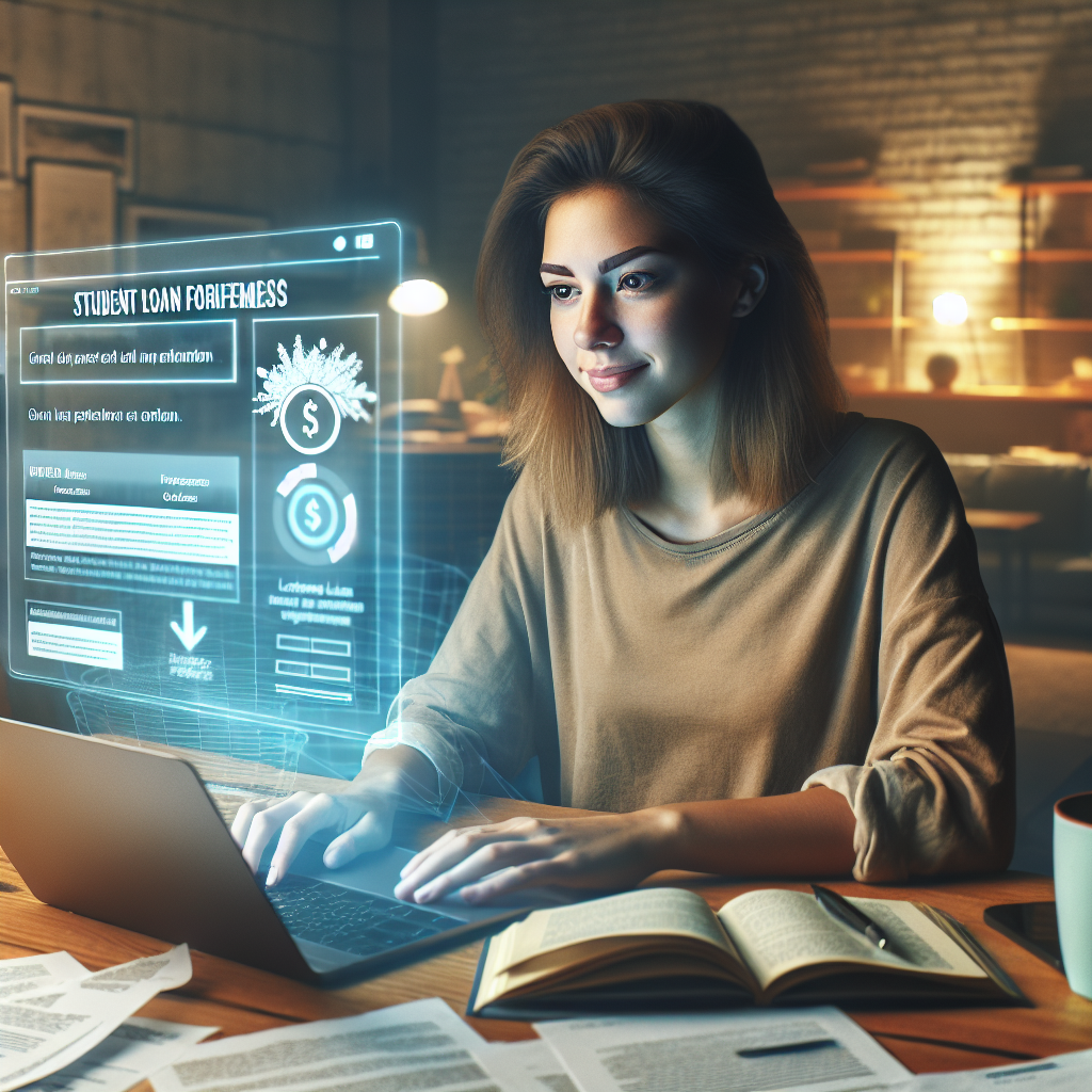 An image of a young Caucasian woman sitting at a wooden desk filled with scattered documents, with a look of hope on her face as she looks at an opened laptop showing a webpage with the title 'Student Loan Forgiveness'. Beside her, there's a coffee mug and a diagram showing the latest updates in loan repayments, projected on a transparent holographic screen. In the background, ambient indoor light from a nearby window casts a mildly warm and optimistic glow.