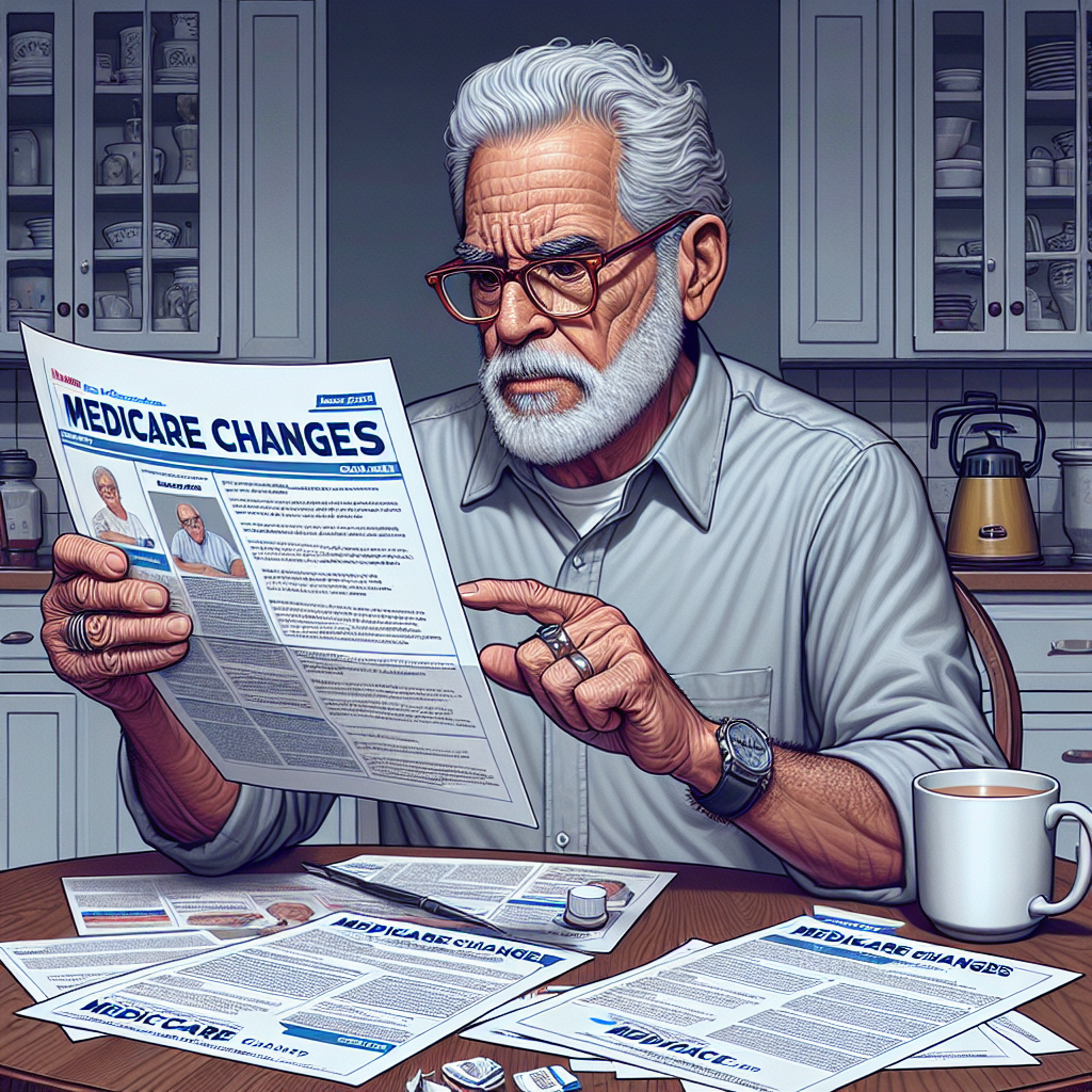 An illustrative digital art of a mature Hispanic man, possibly in his 60s, reading a document titled 'Medicare Changes'. He is seated at a kitchen table, with a pair of glasses perched on his nose. On the table, there are several other healthcare-related pamphlets splayed around. One of his hands is on the document, tracing along the lines with his finger, while the other hand holds a cup of tea. The expression of concentration on his face suggests he is deeply immersed in understanding the changes detailed in the document.