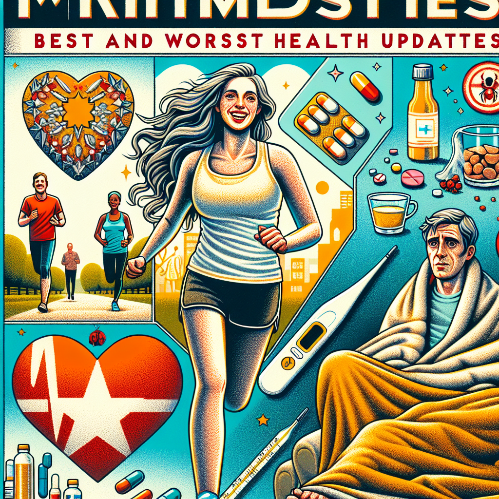 Detailed illustration of a magazine cover titled 'Star Milestones: Best and Worst Health Updates'. The cover features images of non-specific people in various health-related situations. On the left, there is a depiction of a woman jogging in the park with a radiant smile, symbolizing a 'Best Health Update'. On the right, there is a man draped in a blanket on a couch with a thermometer in his mouth, representing a 'Worst Health Update'. Health-related symbols such as heart, stethoscope, pills and water bottle are scattered around the cover art, reinforcing the theme.