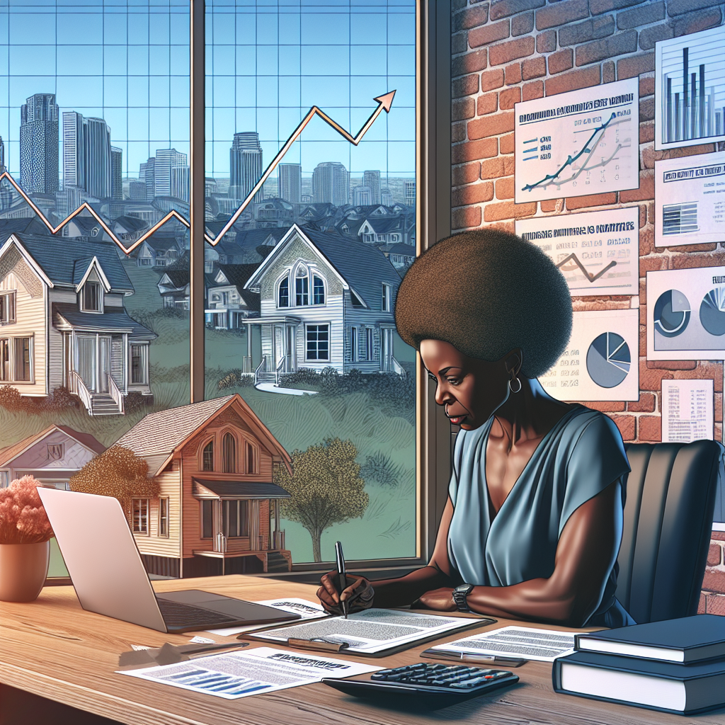 Imagine a detailed scene where an individual, a middle-aged African woman, sits at a desk, studying various real estate and finance papers. There's an illustration of a graph on the wall behind her, showing the rise in mortgage rates in the US. She's in a well-lit room with a large window overlooking houses and cityscape, symbolizing the housing market. The room is filled with books about finance and economy. Next to her is a laptop with a 'strategies' tab open. She appears focused and determined, reflecting her intent to combat the US housing market crisis.