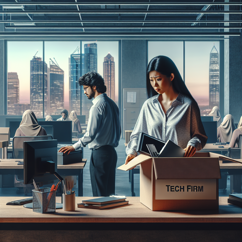Imagine an urban office scene with employees clearing desks and packing boxes. In the foreground, an Asian woman is seen, her face filled with confusion and disappointment as she places her computer and workbooks into the cardboard box. Behind her, a Middle Eastern male co-worker is also seen packing. The office sign reads, 'Tech Firm'. The atmosphere is heavy with a sense of despair and upheaval. In the background, through the large office windows, tall buildings representing large tech giants like search engine companies and online retailers are visible, symbolizing the tech industry environment.