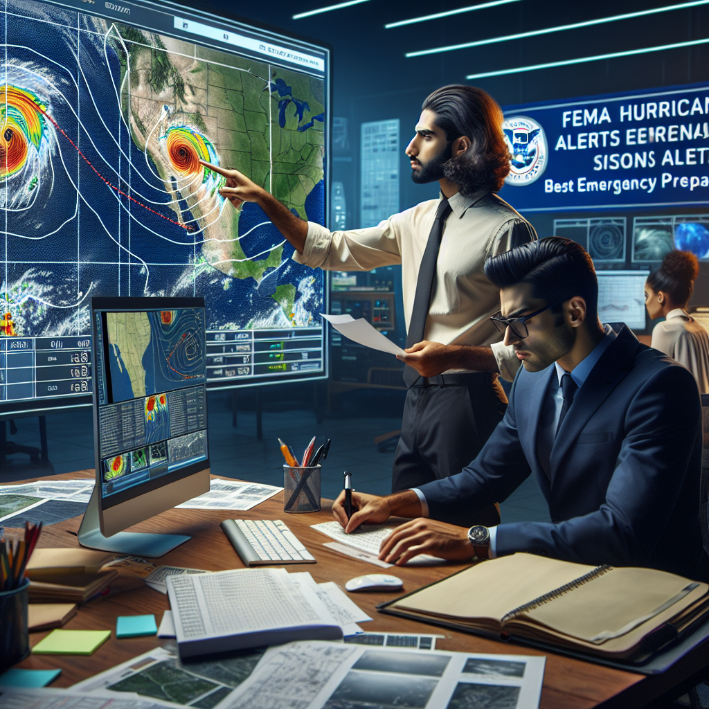 Picture the scene of a weather station. A Middle-Eastern male meteorologist stands near a large screen displaying radar images of hurricanes moving across the ocean. He indicates various storm paths with a laser pointer. Nearby, a Hispanic female professional is working on a computer, reviewing data about upcoming weather situations and preparing emergency alerts. Notepads, weather charts, and stationery scatter the table, symbolizing their attention to detail. In the foreground, a banner reading 'FEMA Hurricane Season Alerts: Best Emergency Preparedness Updates' hangs prominently. The atmosphere is intense but focused, emphasizing the importance and urgency of their task.
