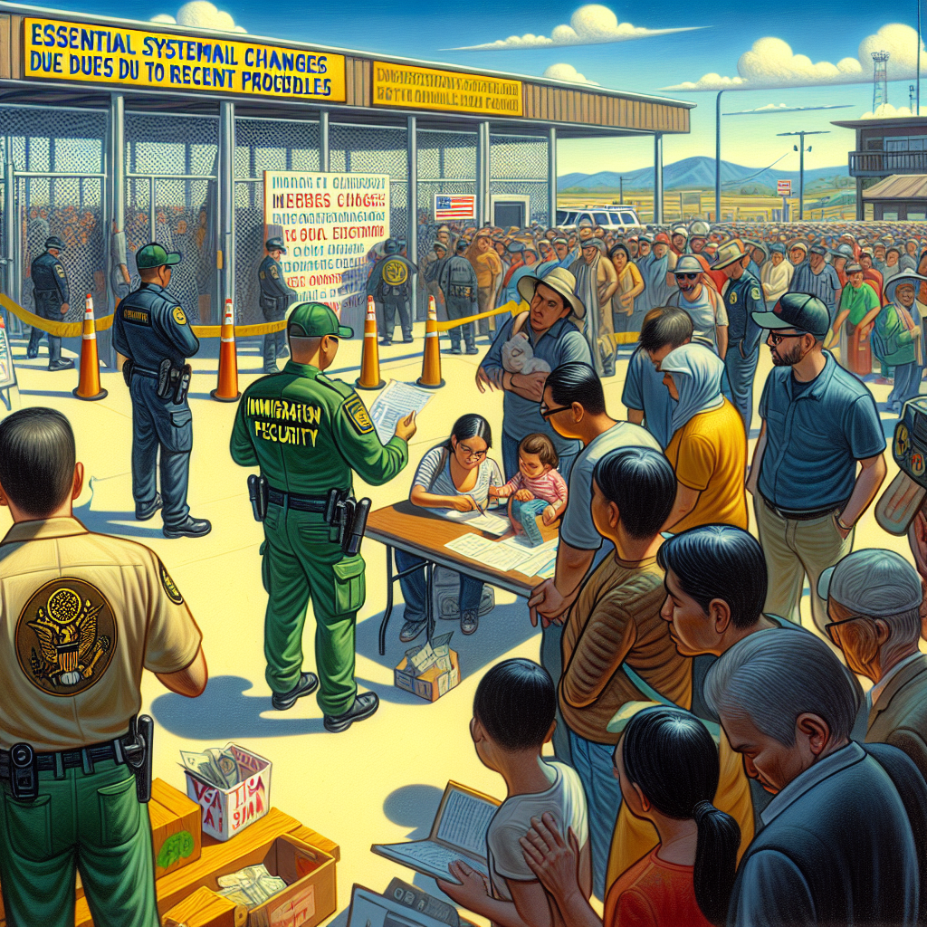 A detailed depiction of the U.S. immigration procedure in action. The scene unfolds on a vibrant sunny day at a bustling border checkpoint. Highlight the systematic changes due to recent policies. Shown are an immigration officer from Hispanic descent and a border security personnel of South Asian descent, both diligently carrying out their respective duties. Signboards explain the essential updates in the procedure. A family of Middle-Eastern descent eager for their turn with visa documents in hand. The border area is well-maintained, emphasizing the notion of increased security. No political figures or symbols should be included.