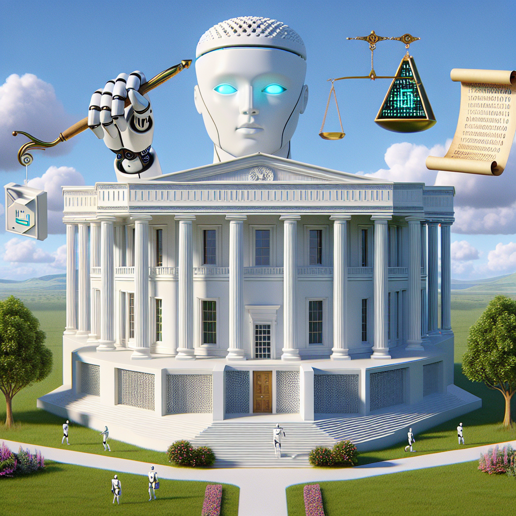 An image showing a symbolic representation of AI policy updates and regulatory measures. Envision a large, classical, white mansion as a representation of a policy-making institution. Outside of it, place a scepter and scale, representing regulatory measures. Have a robotic hand holding the scepter, symbolizing AI. Depict a scroll with binary code as a symbol for policy updates. Make sure the environment is serene with a clear sky. Include a few verdant trees and a well-maintained lawn. Do not include any humans in the image.