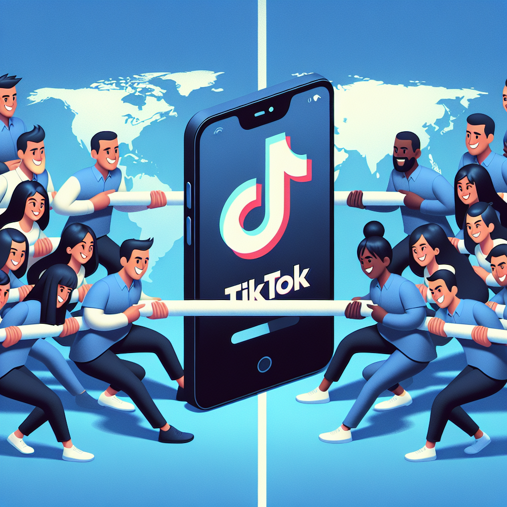 An image of a tug-of-war scenario. On one side, we see a group of individuals who resemble typical tech engineers, signifying the US tech industry, with a few women and men of various descents such as Black, White, Hispanic, and Asian. On the other side, we have a similar group representing the Chinese tech industry, equally diverse in gender and ethnicity. In the middle of this tug-of-war, they hold a giant smartphone displaying the TikTok logo. The background depicts a world map, highlighting both the US and China, manifesting the global reach of this issue.