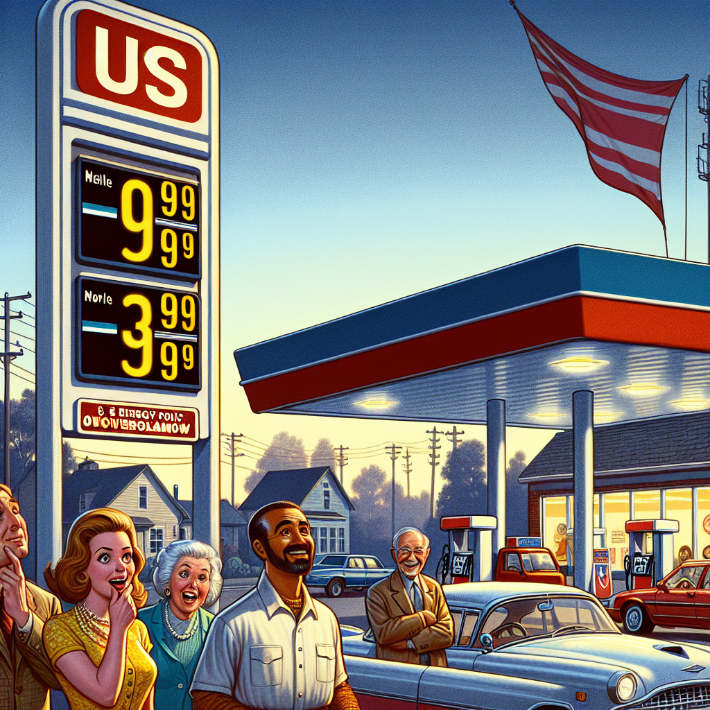 Illustration of a classic American retro petrol station in the evening with a large sign displaying rapidly declining gas prices. The station is situated in suburban surroundings, with a clear sky displaying the onset of the night. On the foreground, a diverse group of car owners including a Caucasian woman, a Middle Eastern man, a Hispanic elderly man and a South Asian teenager, all expressing surprise and delight at the low gas prices. A banner flying above says 'US Energy Policy Overhaul.' Clear emphasis on the drastic fall in numbers on the pricing board as a symbol of plunging gas prices.