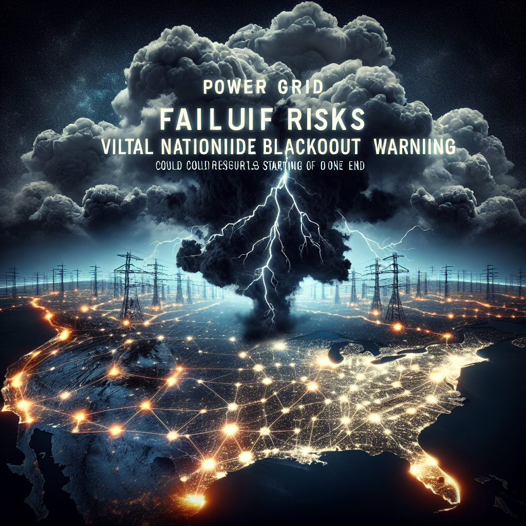 A dramatic and ominous scene representing the concept of a power grid failure, that could result in widespread blackouts. Picture a sprawling, intricate network of glowing energy lines spread across an outline of continent, which slowly fades into darkness starting from one end. To display the serious threat associated with this problem, visualize towering cloud formations casting a heavy shadow across the landscape, with lightning bolts striking the energy network. Include the title 'Power Grid Failure Risks: Vital Nationwide Blackout Warning' in bold, white letters against the dark sky, serving as a chilling headline to the scene.