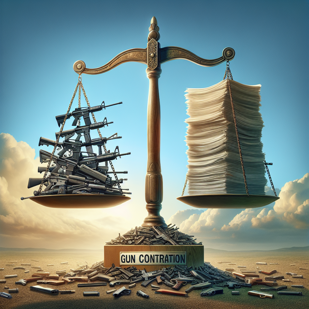 An impactful symbolic image representing gun control legislation as a solution to gun violence. The image contains a large, intricately detailed scale that is perfectly balanced. On one side of the scale, a collection of firearms in various shapes and sizes signifies gun violence. On the other side, a thick stack of paper documents, with a bold, clear title 'Gun Control Legislation' on top, represents the solution. A background of a peaceful sky with soft, billowing clouds imbues a serene atmosphere. The image does not contain any real individuals or direct references to specific incidents.