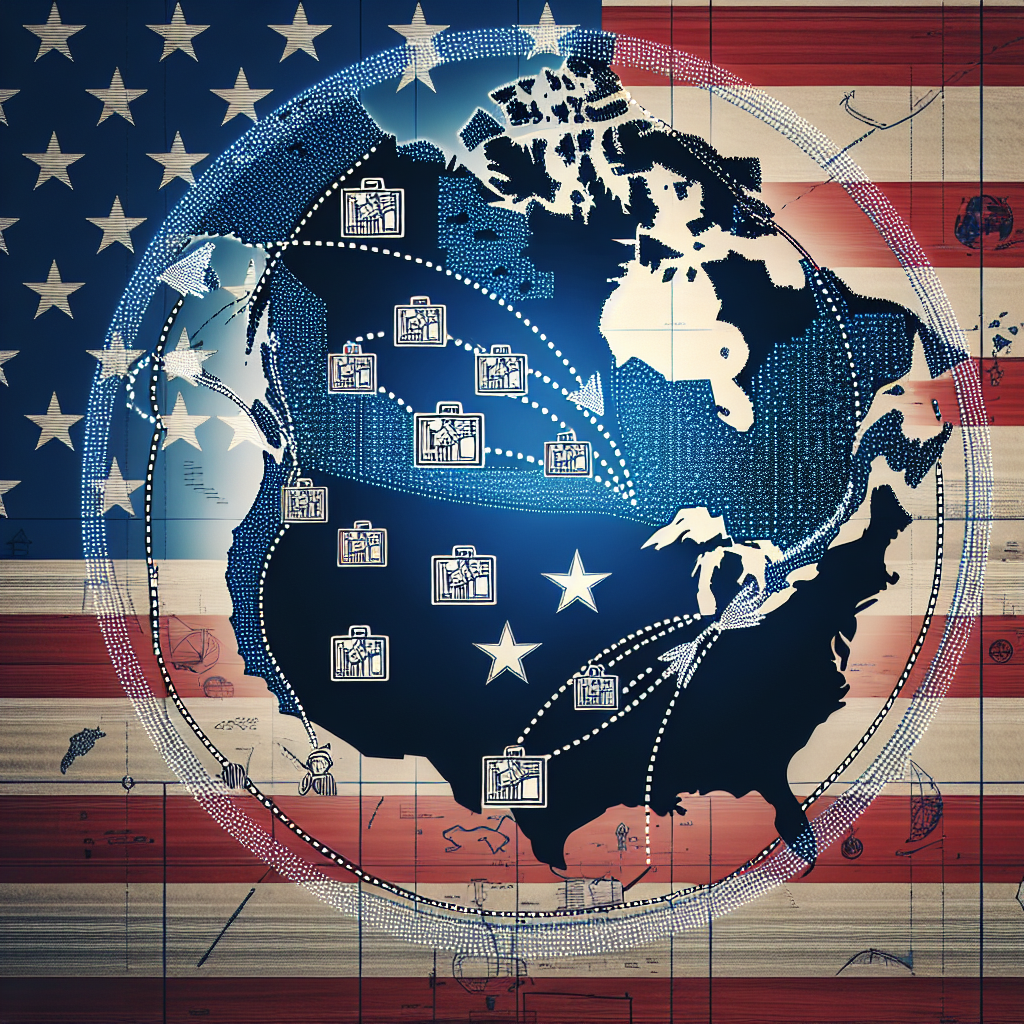Display an international map with symbolic illustrations of humanitarian aid packages arriving in different countries. Indicate the pathway of help with dotted lines originating from the geographic outline of a country enshrouded in stars and stripes symbolizing the United States. In the corner of the composition, create an emblem that represents unity, peace, and commitment. Ensure the overall tone of the image conveys trust, security, and cooperation. Avoid including any specific figures or leaders. Instead, focus on the overall theme of international aid and collaboration.
