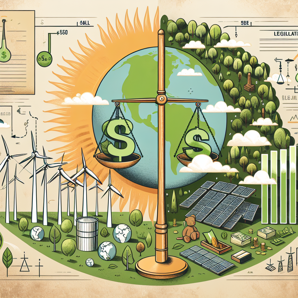 Visualize a concept regarding clean energy investments and strategies for climate change mitigation. Picture a sun radiating energy, turning into dollar signs to symbolize investments. Include wind turbines and solar panels, interpreted as strategies for dealing with climate change. Then, imagine a balance scale, lensing the effects of such strategies on our environment--a side showing a green, flourishing earth in contrast to a polluted, deforested one. The backdrop should be a parchment document to imply legislation. Bundle all these into a neat infographic, championing the cause of green practices to combat climate change.