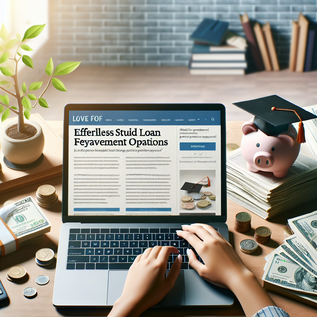 Visualize a financial news article themed image that represents 'Student Loan Repayment Updates'. Features a neat desk with a laptop displaying a news website highlighting 'Effortless Forgiveness Options'. Scattered around the desk, we see financial and education-related items such as piles of student loan bills, a graduation cap, a piggy bank, and stacks of coins. The background subtly suggests a peaceful, relieved atmosphere with a budding money tree plant and gentle, soft light streaming through a window. To depict inclusivity, the hand typing on the laptop is that of a South Asian woman.