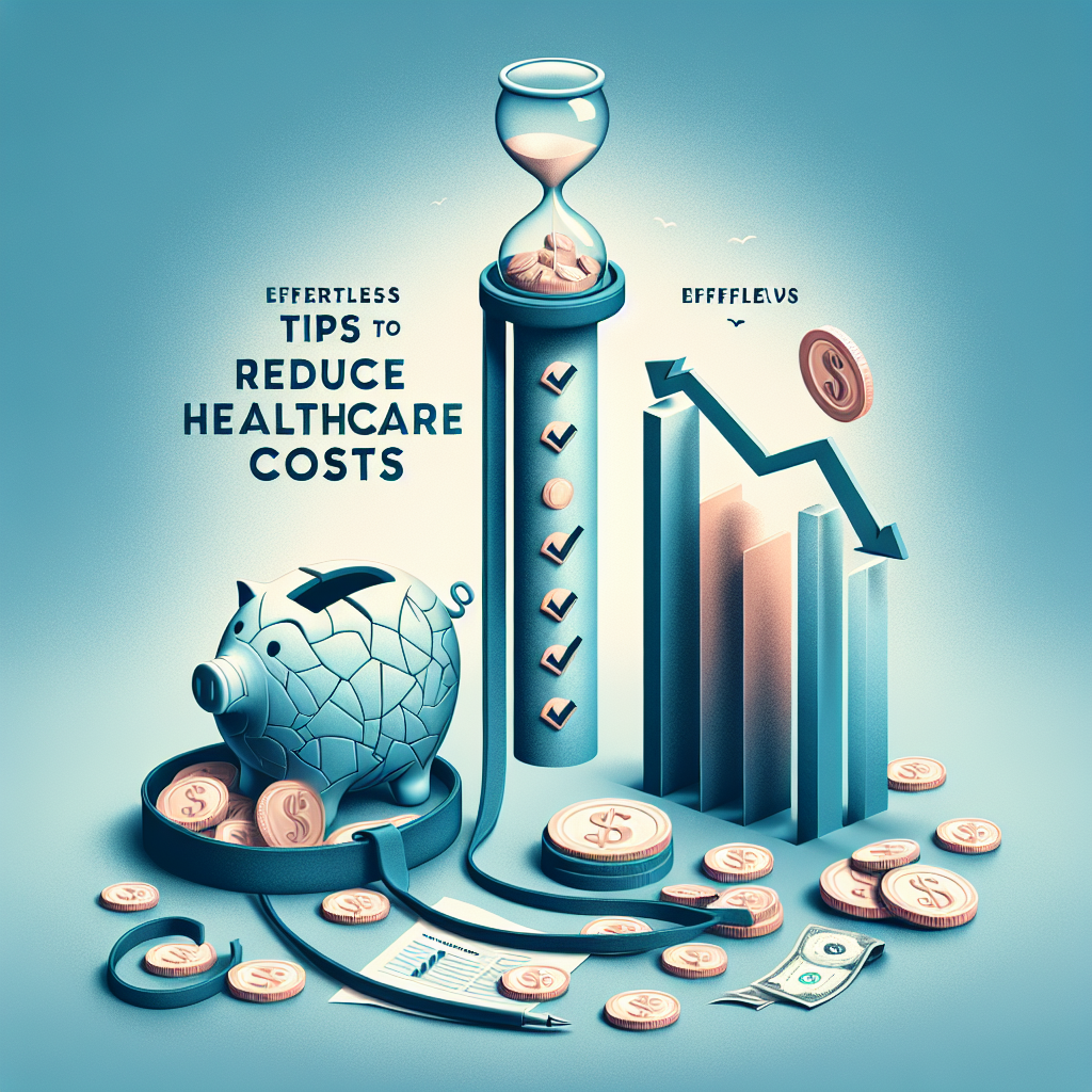 An illustration comprising a visual metaphor demonstrating how to reduce healthcare costs. To the left, show a dismantled piggy bank with coins pouring out, symbolizing draining healthcare costs. To the right, display a rising bar graph indicating reduced expenses, covered in check marks, symbolizing effective tips. In the center, depict an hourglass being squeezed by a belt, representing the concept of 'effortless.' The background should be a gentle gradient, fading from sky blue at the top to pristine white at the bottom. Include text at the top in elegant, bold letters, reading: 'Medicare Changes: Effortless Tips to Reduce Healthcare Costs.'