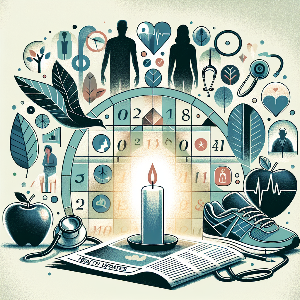 A collage style image representing health milestones and memorials. Central, a stylized floating calendar with marked dates symbolizing milestones; such as a pair of running shoes symbolizing a marathon, a leaf representing holistic health, an apple symbolizing a balanced diet, and stethoscope representing health checks. In the corners, toned down in opacity, are silhouetted figures symbolizing respected people, a candle illuminating their silhouette to contextually stand for those who have passed. Also, include a newspaper with the headline: 'Health Updates & Memorials'. Note: All elements are illustrations, not real images.