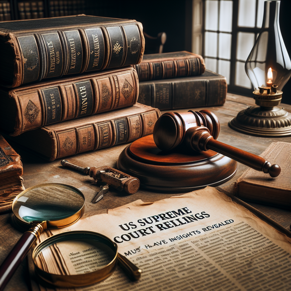 An antique wooden gavel resting on a stack of old legal books, to symbolize the judiciary. Beside it, a document labelled 'US Supreme Court Rulings'. On the table, a magnifying glass over the document, pointing towards the term 'Must-Have Insights Revealed'. The scene is set in a traditionally styled office with a large window allowing daylight to illuminate the scene. The mood of the room is solemn and a sense of seriousness echoes around. An oil lamp is also present on the table, symbolizing the pursuit of truth in the legal profession.