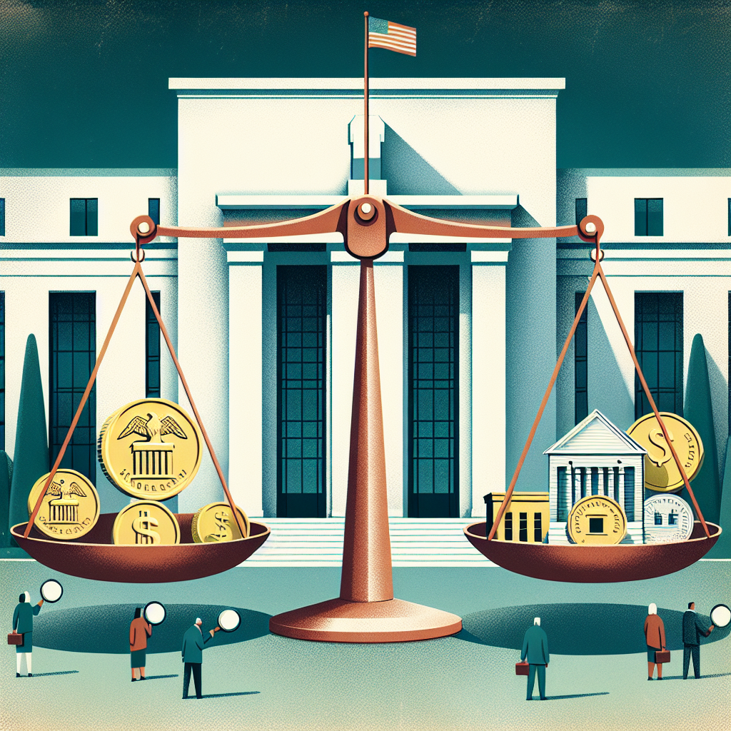 An illustrated image representing Federal Reserve Interest Rate decisions. The main focus should be a large scale balanced by coins on one side and houses on the other to symbolize economics' balancing act. On the background, a massive building symbolizing the Federal Reserve should be visible. Include small figures, men and women of diverse descents, examining the scale with magnifying glasses. Use subtle colors and a professional tone to convey the seriousness of the topic.