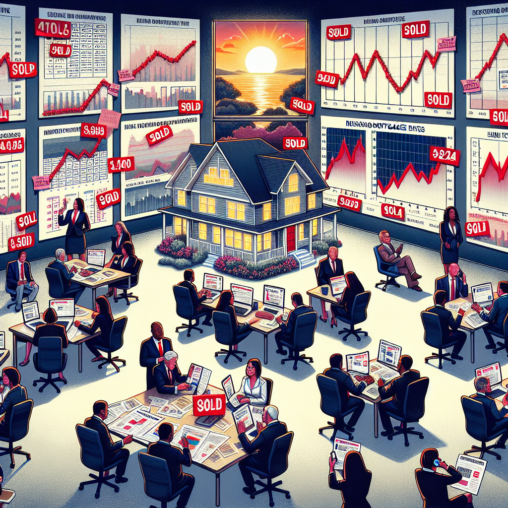 Let's visualize the concept of the US housing market crisis. Picture a bustling real estate office, with agents of all descents -Black, Hispanic, Caucasian, Middle-Eastern, and South Asian, of both genders, busy on their phones. Scatter graphs, charts and documents showing rising mortgage rates cover the walls. A huge bulletin board dominates one wall, filled with pictures of houses with red 'Sold' stickers and crossed off prices. In the middle, a table with a model of a typical American suburban home and people seated around it, discussing strategy. In the background, a setting sun through the glass window symbolizing the urgency of the crisis.