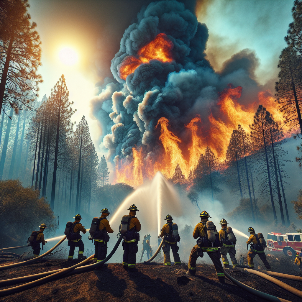 A dramatic scene illustrating the intensity of a wildfire raging in a forest in California, with towering flames and plumes of black smoke. In the foreground, there's a team of Asian and Black male and female firefighters courageously battling the blaze, decked out in their protective equipment and using water hoses to combat the fire. The background shows a clear blue sky contrasted with the extreme heatwave, with the sun glaring hotly overhead. The scene captures both the intensity of the wildfire and the relentless effort of the firefighters.