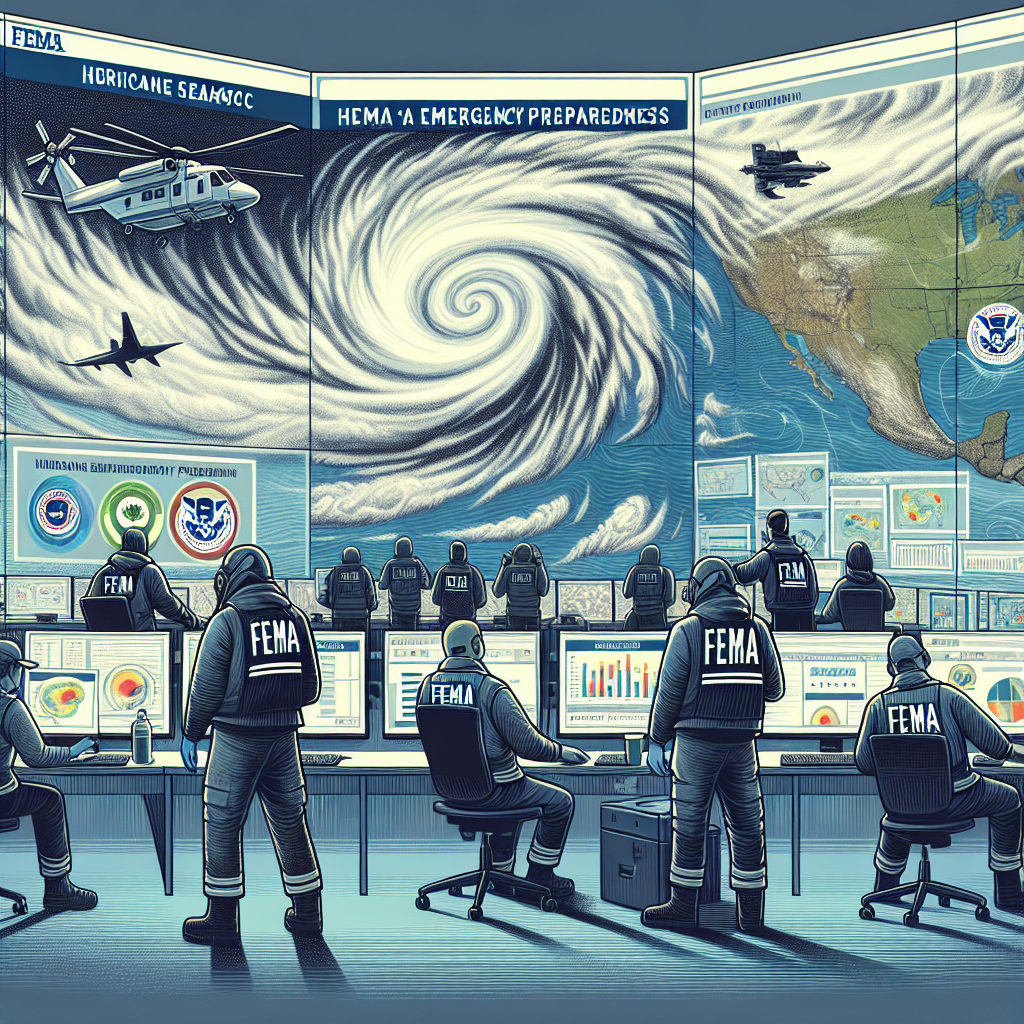 Create an illustrative image for an article about the important role of FEMA during the hurricane season. The image should visually demonstrate FEMA's emergency preparedness. It might include depicted scenes of a large storm brewing over the ocean with swirling gray clouds, and a hurricane tracking map to emphasize the preparedness aspect. Also, include people from a variety of descents, like Caucasian, Hispanic, and Black, fully equipped in proper emergency response gear, frantically working in a FEMA emergency command center full of screens, radios, and other communication devices.