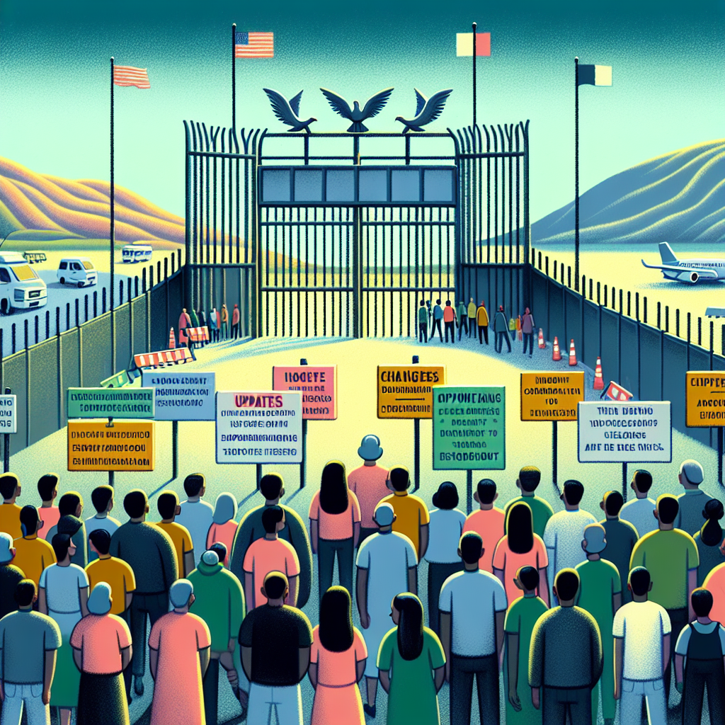 An illustrative representation of changes in immigration policies. Depict a large border gate symbolizing the immigration frontier, it stands tall between two lands which are depicted by two distinct terrains. In the foreground, there's a group of people varying in ethnicity, all clad in different, everyday attire, looking at the gate. Important updates such as changes to documentation, rules, and security measures are represented as symbolic placards or notice boards near the gate. Strive to highlight the gravity, complexity and the criticality of the changes without any bias or favor.