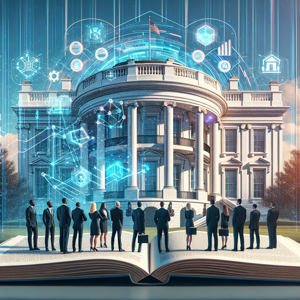 A detailed digital illustration of a large, traditional architecture, resembling the White House, standing majestically against a clear blue sky. Superimposed over this background is a futuristic holographic display of AI-related concepts. The holograph includes icons and infographics representing AI technology like neural networks, algorithms, AI ethics, and policy frameworks. A group of racially and gender diverse professionals dressed in business attire are engaging in a discussion in front of the holograph, suggesting an ongoing dialogue about AI regulation. In the foreground, there's an open law book with 'AI Regulation: Best Practices' written clearly on the pages.