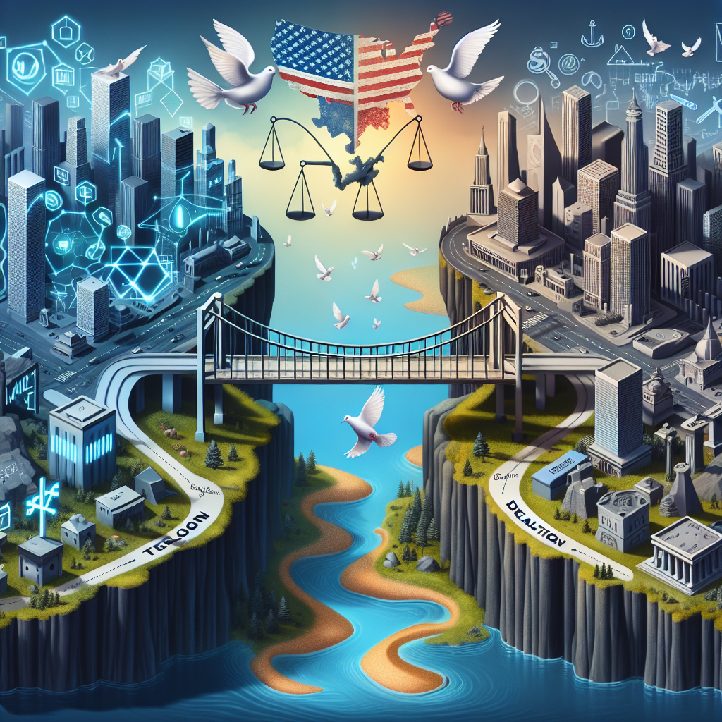 Depict a conceptual scene showing a symbolic bridge connecting two landmasses with distinct features. One land should represent technology and innovation, filled with abstract technology icons and skyscrapers, and the other should symbolize regulation, filled with government buildings and legal scales. The bridge representing 'dialogue', is adorned with peace doves. An abstract signpost at the center of the bridge reads 'Tech Tensions' and various paths are marked 'Resolution'. Map of the USA and China can be subtly integrated into the respective landmass features. No human figures are visible in the scene.