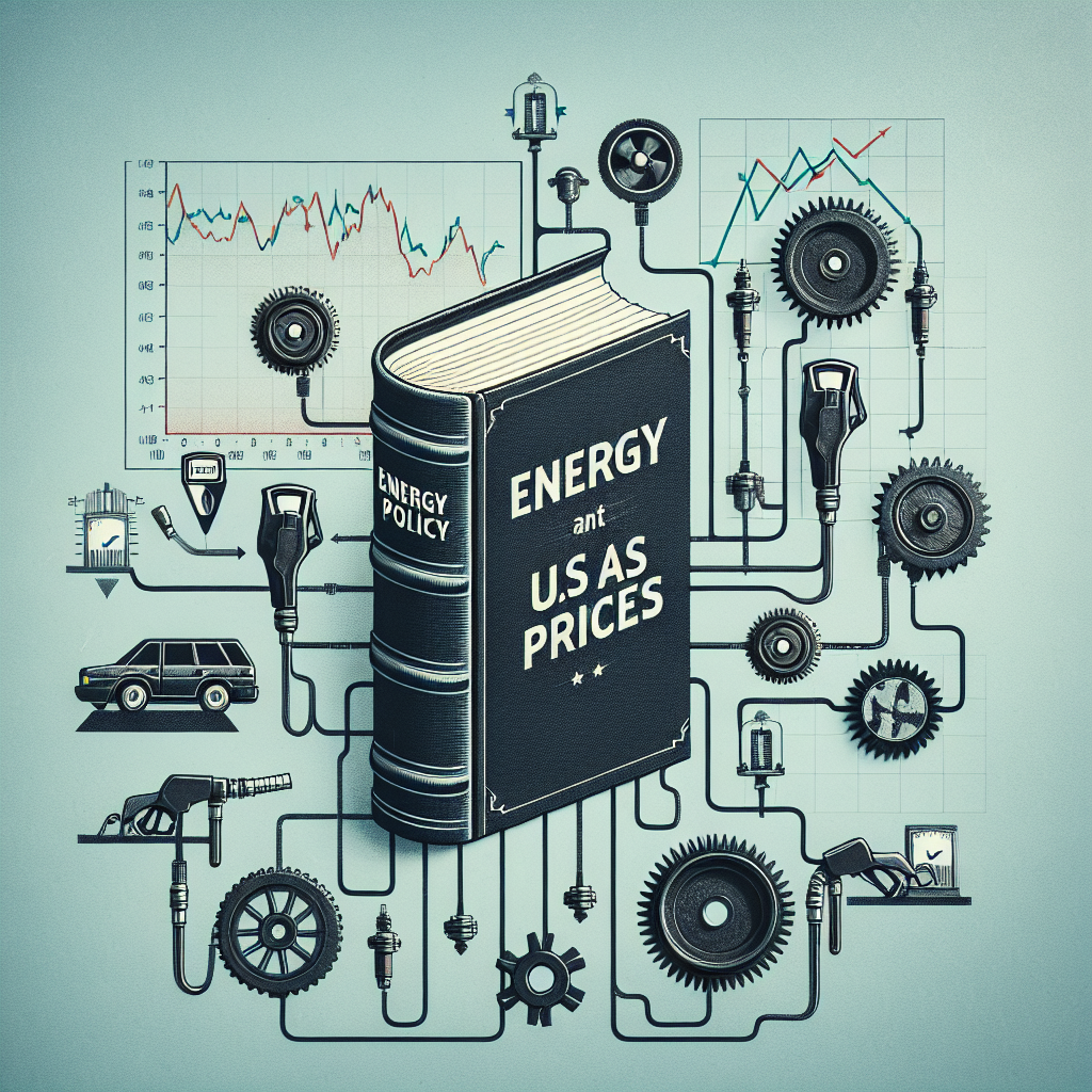 Create a visual diagram that represents the impact of energy policy changes on US gas prices. The diagram should include two primary components - one representing 'Energy Policy Changes' and another symbolizing 'US Gas Prices'. The energy policy component can be represented as a thick book, signifying a collection of regulations and laws. The gas prices can be symbolized by a gas pump. Between the two components, illustrate a correlation mechanism made up of levers and gears, portraying the connection and effect of policy decisions on fuel pricing. Include charts and graphs in the backdrop to indicate fluctuating prices.