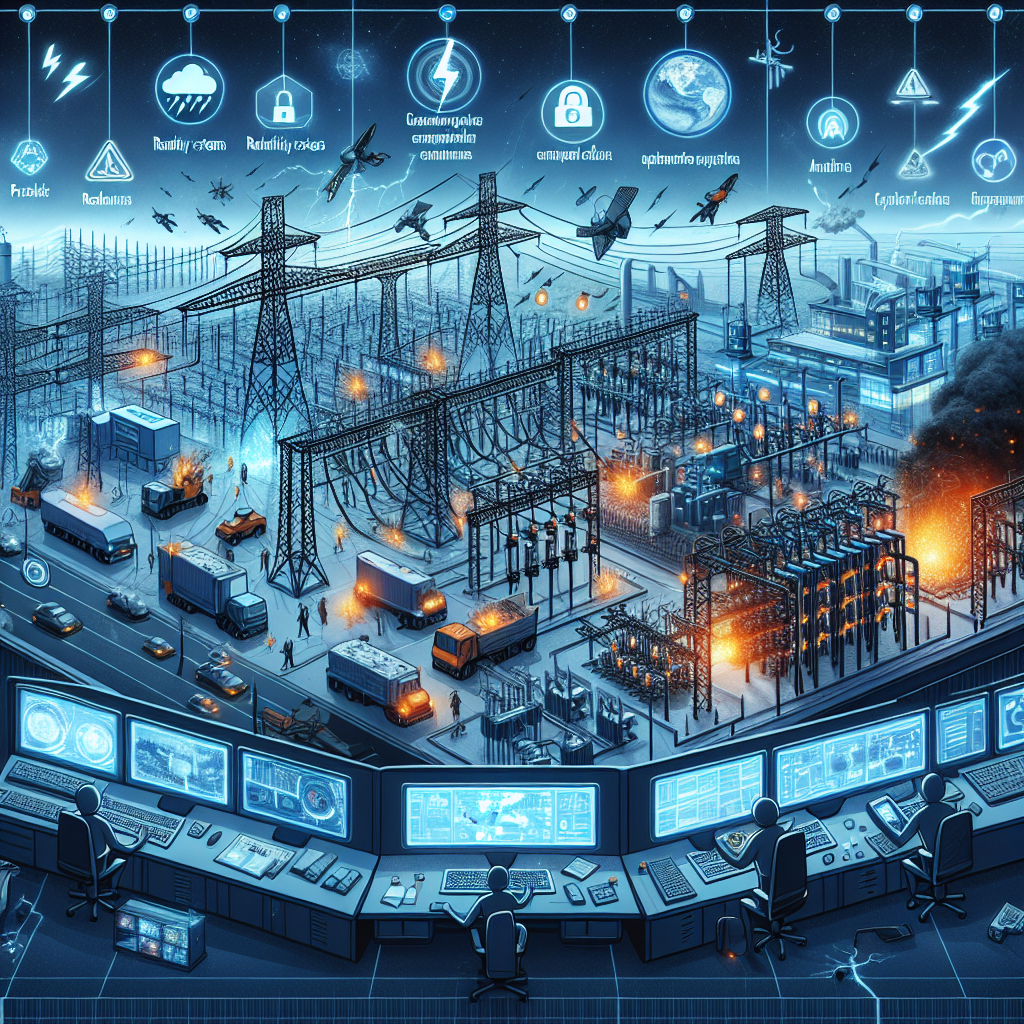 A detailed scene illustrating the potential threats to the stability of a nation's power grid. Show an electrical grid consisting of interconnected power lines, substations, and power plants. Also, include a control center where operators are monitoring the status of the grid. Depict some potential risks such as a severe storm hitting the power lines, a cyber attack represented by malicious icons attacking the grid on a computer screen, and equipment failure symbolized by sparks and smoke coming from a transformer. In contrast, include a section showing preventive measures like redundancy systems, upgraded equipment, and cybersecurity measures.
