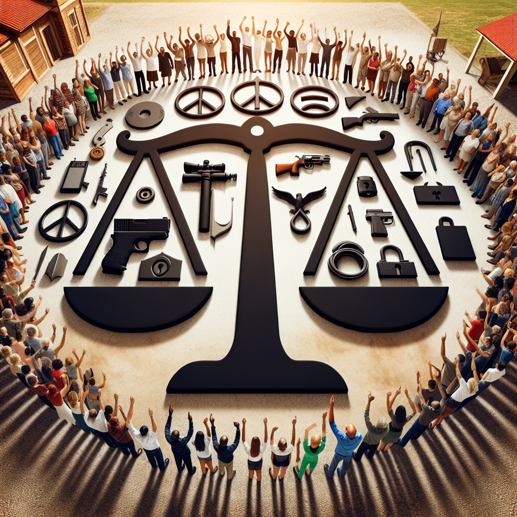 Visualize an image illustrating the abstract concept of gun control. The scene could depict a large scales in the center, representing balance. On one side of the scale, show symbolic representation of safety measures like a secured gun safe and a lock, while on the other side, place a symbolic representation of legislation like a scroll and a quill. In the background create a semi-circle comprising of people from various descents such as Caucasian, Hispanic, Black, Middle-Eastern, South Asian, Asian, each holding up a peace sign. This image brings together diverse perspectives on the issue of gun control.